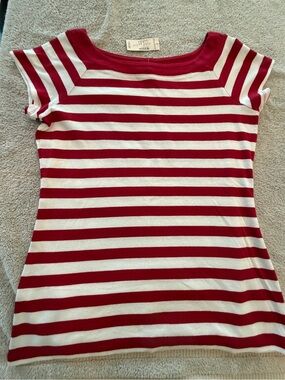dressbarn Red and White Striped Boatneck Short Sleeve Top